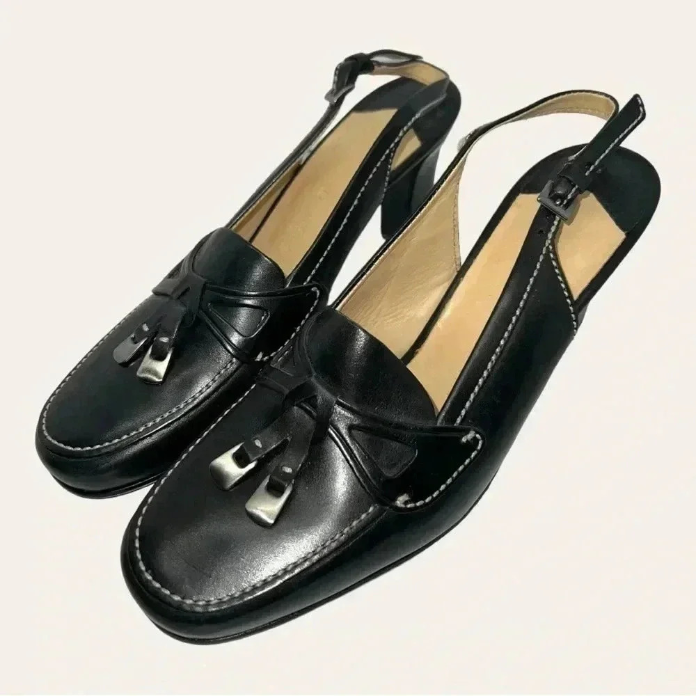 4193. ANTONIO MELANI HEELS CLOSED‎ TOES TWO TASSELS ON TOP BLACK COLOR SZ 6.5